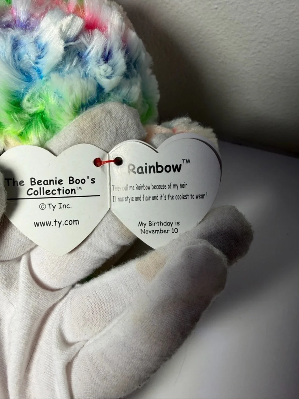 Ty Rainbow Beanie Boo Plush Poodle - Multicolor Fur with Pink Nose - Picture 7 of 7